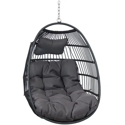 Sunnydaze Outdoor Resin Wicker Julia Hanging Basket Egg Chair Swing With Cushions And Headrest - 2pc In Gray