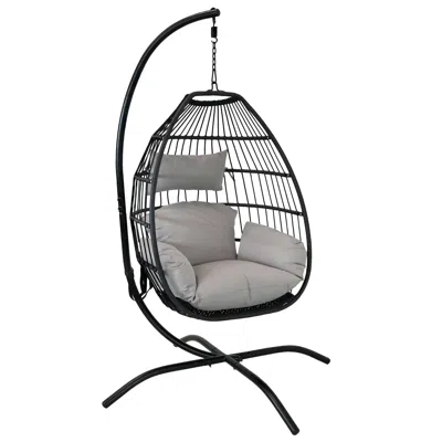 Sunnydaze Outdoor Resin Wicker Patio Delaney Hanging Basket Egg Chair With Cushions, Headrest, And Steel Stand