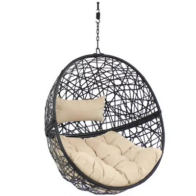 SUNNYDAZE OUTDOOR RESIN WICKER PATIO JACKSON HANGING BASKET EGG CHAIR SWING WITH CUSHIONS AND HEADREST - 2PC
