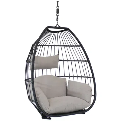 Sunnydaze Outdoor Resin Wicker Patio Oliver Lounge Hanging Basket Egg Chair Swing With Cushions And Headrest -