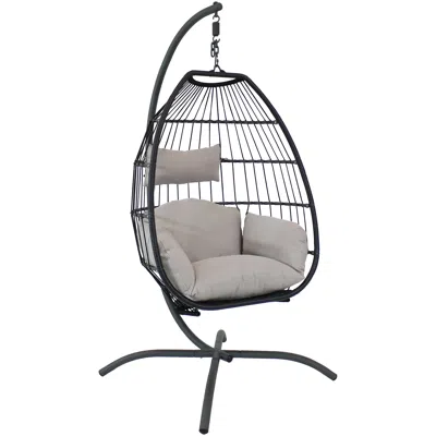 Sunnydaze Outdoor Resin Wicker Patio Oliver Lounge Hanging Basket Egg Chair Swing With Cushions, Headrest, And