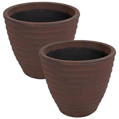 Sunnydaze Outdoor Ribbed Polyresin Planter Pot With Double Wall Design - Rust - 13" - 2pk