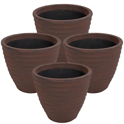 Sunnydaze Outdoor Ribbed Polyresin Planter Pot With Double Wall Design - Rust - 16" - 4pk
