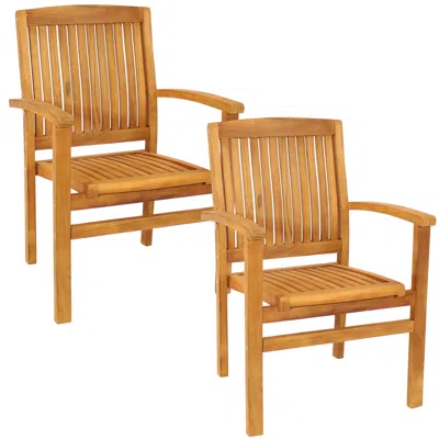 Sunnydaze Outdoor Solid Teak Wood Slat-back Patio Dining Armchair - Light Brown Finish - Set Of 2