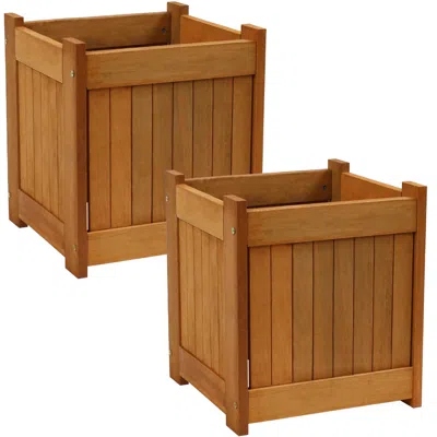 Sunnydaze Outside Meranti Wood Outdoor Planter Box With Teak Oil Finish For Garden, Porch And Patio - 16" Squa