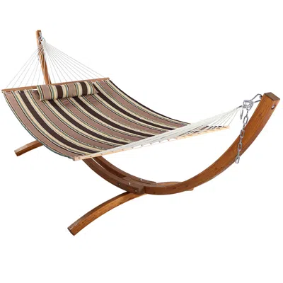 Sunnydaze Quilted Double Fabric 2-person Hammock With Curved Arc Wood Stand - 400 Lb Weight Capacity/12' Stand In Brown