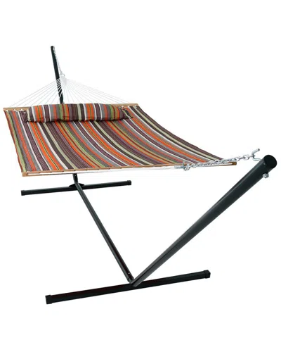 Sunnydaze Quilted Double Spreader Bar Hammock Bed With 15' Stand In Orange