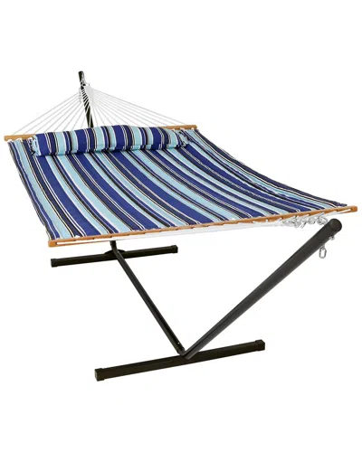 Sunnydaze Quilted Spreader Bar Hammock Bed With 12' Stand In Blue