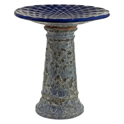 Sunnydaze Rennes Ceramic Bird Bath With Lava Finish -blue Glazed Bowl With Blue Distressed Ceramic Finish - 22