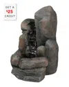 Sunnydaze Outdoor Solar Powered Rock Falls Water Fountain With Battery Backup, Submersible Pump, And Led Light In Brown