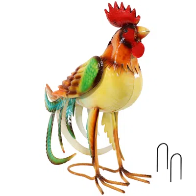 Sunnydaze Romeo The Rooster Metal Outdoor Statue - 16" - Red, Orange, Yellow, And Green