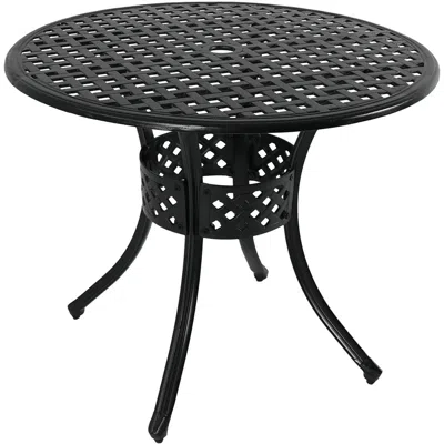 Sunnydaze Round Lattice Design Cast Aluminum Outdoor Patio Table With Umbrella Hole, Black