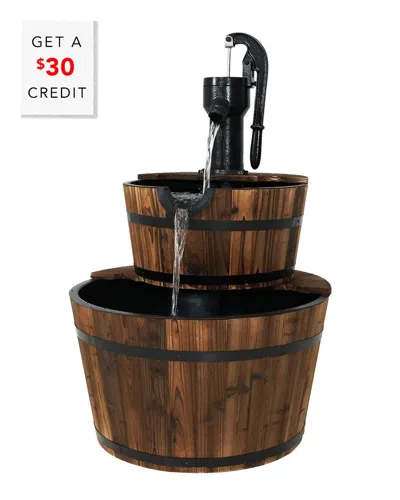 Sunnydaze Rustic 2-tier Wood Barrel W/ Pump Outdoor Water Fountain Feature With $30 Credit In Brown