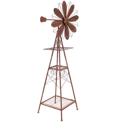 Sunnydaze Rustic Windmill Metal Outdoor Garden Statue With Tiers - 51" H - Brown/copper