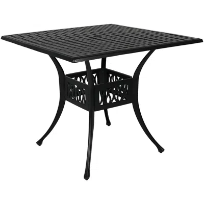 Sunnydaze Square Cast Aluminum Outdoor Patio Dining Table With Umbrella Hole, Black