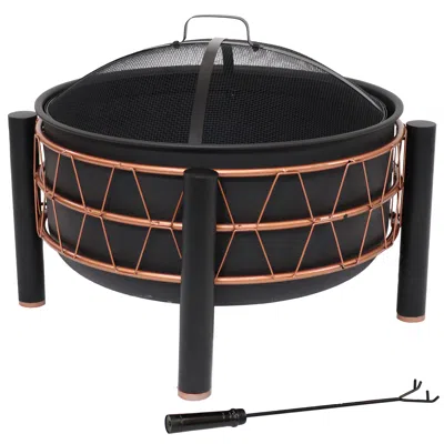 Sunnydaze Steel Fire Pit With Bronze Trapezoid Pattern And Pvc Cover - 24.5" Round - Black