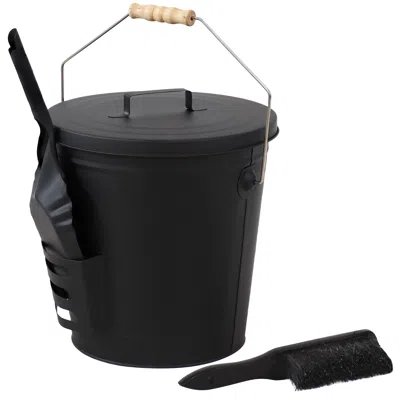 Sunnydaze Steel Fireplace Ash Bucket With Lid, Shovel And Brush In Black
