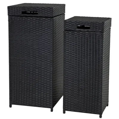 Sunnydaze Wicker Indoor And Outdoor Trash Cans With Lids - Set Of 2 - 26 Gal. And 15 Gal. - Black