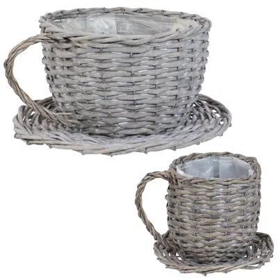 Sunnydaze Willow Wicker Coffee Cup Indoor Planters - Gray - Set Of 2