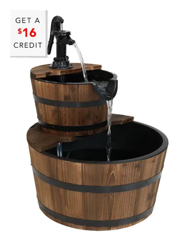 Sunnydaze Wooden Barrel W/ Hand Pump Outdoor Water Fountain Rustic Feature With $16 Credit In Brown