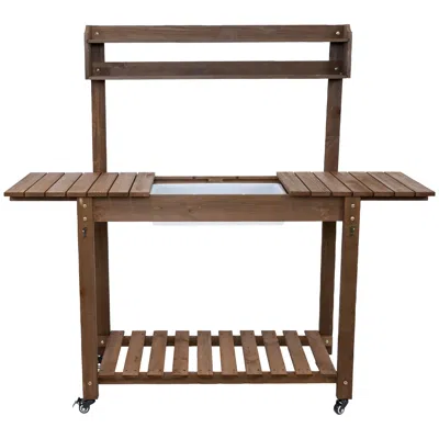 Sunnydaze Wooden Wheeled Garden Potting Bench With Dry Sink, Storage Shelves, And Tool Hooks - Brown