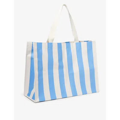 Sunnylife Blue Cream Le Weekend Carryall Stripe-print Woven Beach Bag In Black
