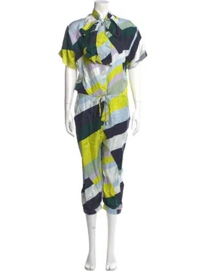Pre-owned Suno Colorblock Pattern Mock Neck Jumpsuit In Green