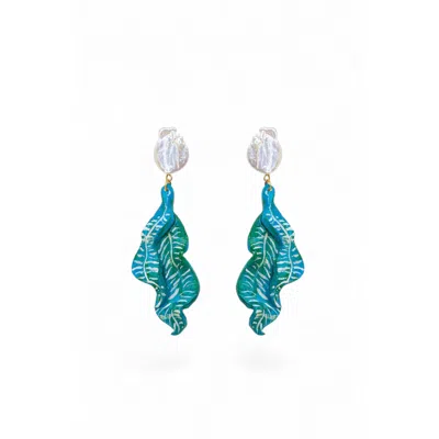 Sunset Magic Studio Women's Blue / Green Auren - Pearl & Leaf Dangle Earrings In Blue/green