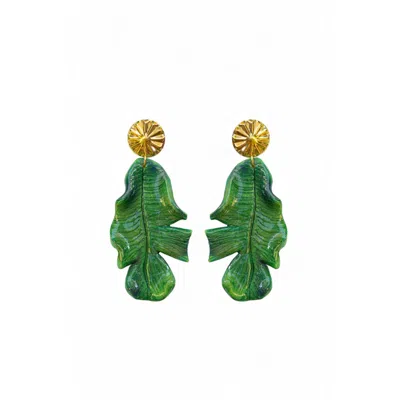 Sunset Magic Studio Women's Gold / Green Banana Palm - Palm Earrings In Gold/green