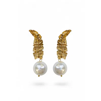 Sunset Magic Studio Women's Gold / White Palm Leaf & Mallorca Pearl Earrings In Gold/white
