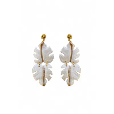 Sunset Magic Studio Women's White / Gold Nikki - Monstera Leaf Earrings In White/gold