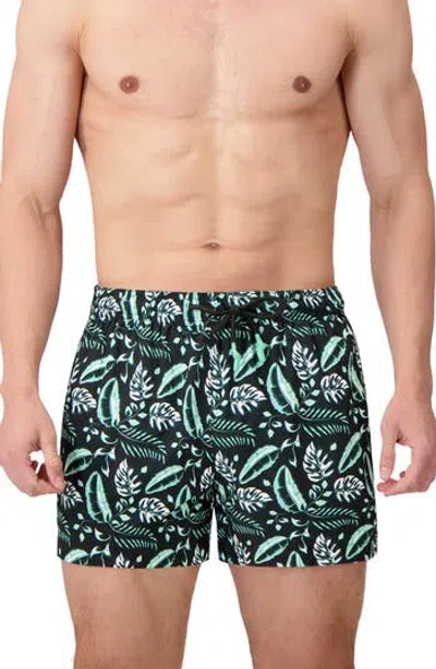 Sunset X Vine Leaf Print Swim Trunks In Black