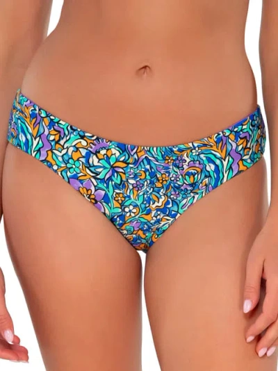 Sunsets Printed Alana Reversible Hipster Bikini Bottom In Pansy Fields