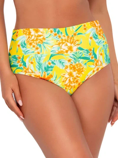 Sunsets Printed Fold-over High-waist Bikini Bottom In Golden Tropics Rib