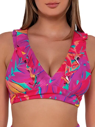 Sunsets Printed Willa Ruffle Wire-free Bikini Top In Oasis Sandbar Rib