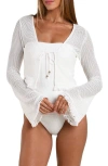 Sunshine 79 Flora Flair Crop Open Stitch Cover-up Top In White