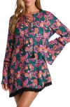 Sunshine 79 Floral Lace-up Cover-up Tunic Shirt In Pink Multi