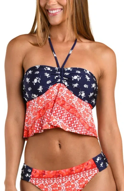 Sunshine 79 Flowers & Stripes Halter Bandeau Tankini Top In Black