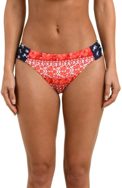 Sunshine 79 Flowers & Stripes Shirred Side Hipster Bikini Bottoms In Red