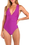 Sunshine 79 Solids Ruched Plunge One-piece Swimsuit In Purple