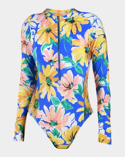 Sunshine 79 Sunflower Long Sleeve One-piece Rashguard Swimsuit In Multi