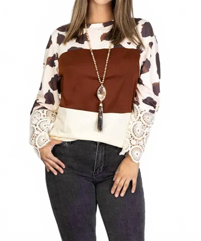 Sunshine & Rodeos Cow Print Top With Lace Accents In Brown In Multi