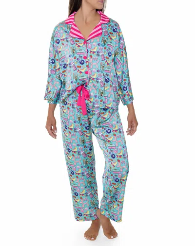 Sunshine Society 90's Girl Silky 3/4 Sleeve Pant Set In Blue