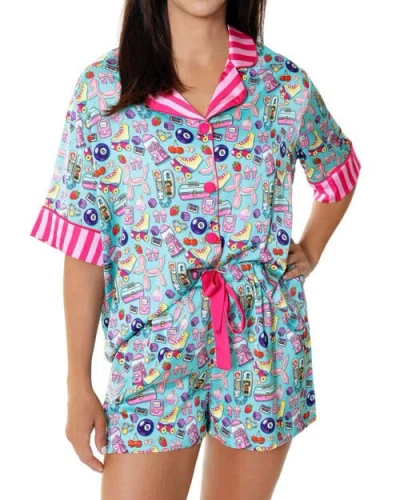 Sunshine Society 90's Girl Silky Short Sleeve Shorts Set In Blue