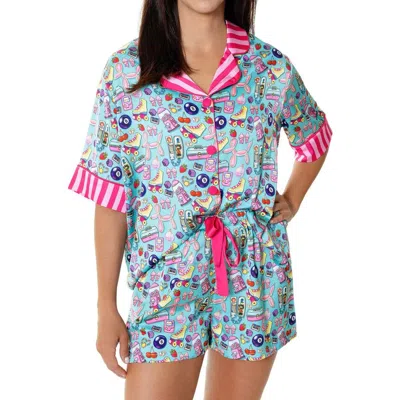 Sunshine Society 90's Girl Silky Short Sleeve Shorts Set In Blue