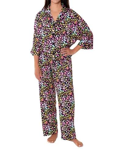 Sunshine Society Bright Animal Silky 3/4 Sleeve Pants Set In Multi