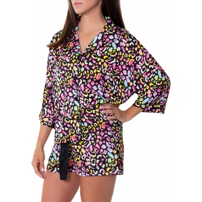 Sunshine Society Bright Animal Silky 3/4 Sleeve Shorts Set In Multi