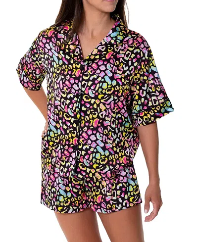 Sunshine Society Bright Animal Silky Short Sleeve Shorts Set In Multi