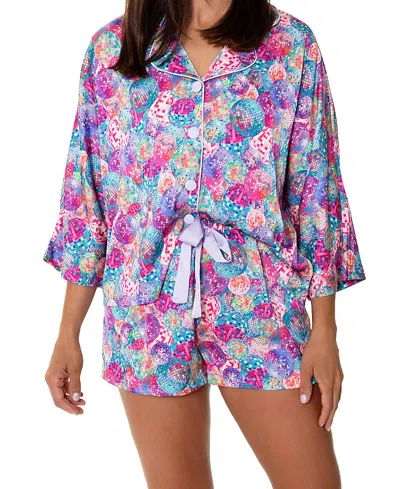 Sunshine Society Disco Queen Silky 3/4 Sleeve Shorts Set In Multi