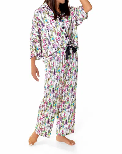Sunshine Society Fashionista Silky 3/4 Shirt Pant Set In White
